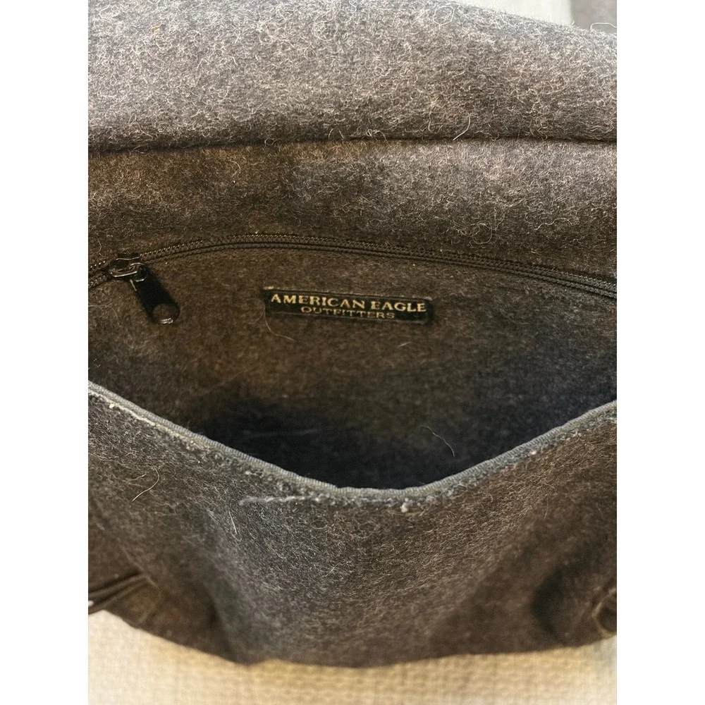 Y2K American Eagle Charcoal Wool Felt Utility Crossbody Bag Zip Wallet Set